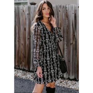 Aztec Embroidered Black‎ Sheer Sleeve Sexy Mini Dress- Medium